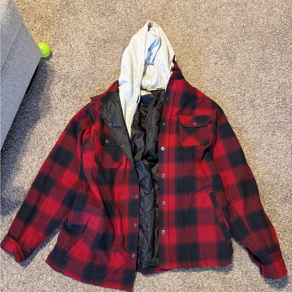 RedHead Plaid Shirt Jacket with Gray Hood